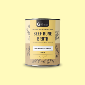 Close up of beef bone broth product.