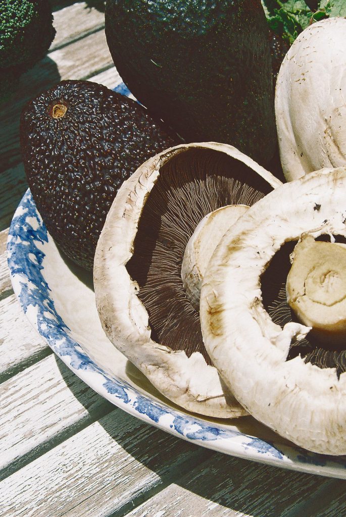 Close up image of mushrooms, and avocados